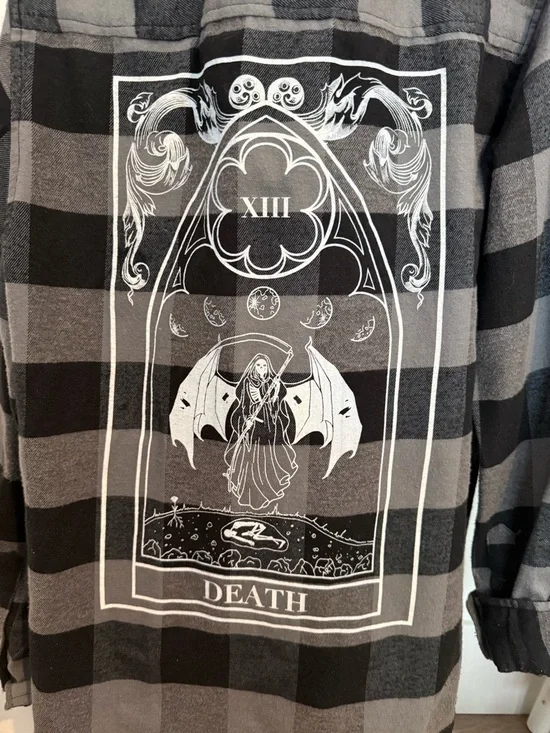 The Pretty Cult Black & Gray Plaid Graphic Flannel Shirt - Death Tarot Design - Picture 3 of 5